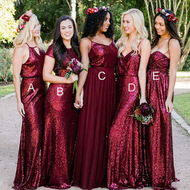 Simple Burgundy Sequin&Chiffon Long Bridesmaid Dresses,Wedding Party Gowns,WGY0218