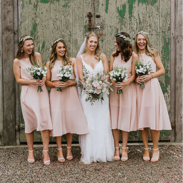 Pink Scoop Sleeveless Chiffon Tea Length Cheap Bridesmaid Dresses, BDS0101