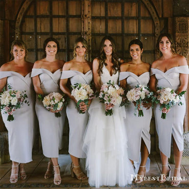 Off-The-Shoulder Charming Simple Mermaid Tea-Length Long Cheap Bridesmaid Dresses, BDS0034