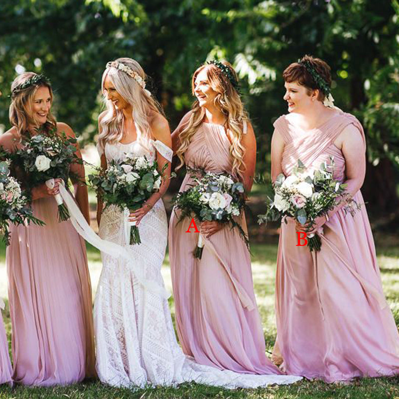 Mismatched Pink Chiffon A-line Long Cheap Bridesmaid Dresses, BDS0117