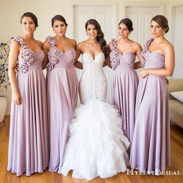 One Shoulder Dusty Purple Chiffon A-line Long Cheap Bridesmaid Dresses, BDS0094