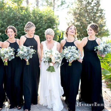 Simple Halter Strap Black Chiffon A-line Long Cheap Bridesmaid Dresses, BDS0084