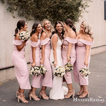 Simple Charming Off-The-Shoulder Pink Satin Mermaid Long Cheap Bridesmaid Dresses, BDS0043