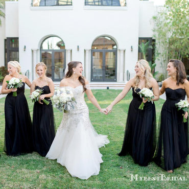 Sweetheart Black Tulle A-line Long Cheap Bridesmaid Dresses, BDS0089