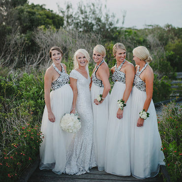 Halter White Chiffon Sliver Beaded A-line Cheap Bridesmaid Dresses, BDS0102
