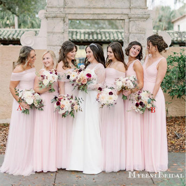 Mismatched Simple Pink Chiffon A-line Long Cheap Bridesmaid Dresses, BDS0077