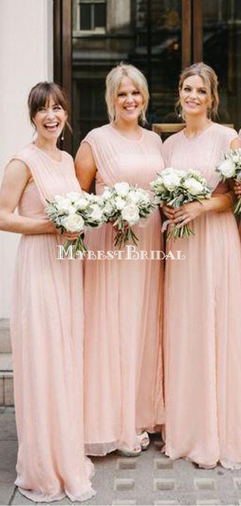 Blush Pink Cap Sleeves Scoop Neck A Line Chiffon Bridesmaid Dresses, TYP0010