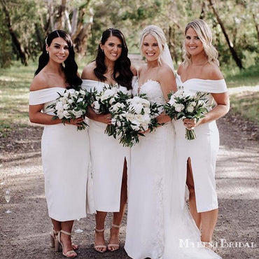 Off-The-Shoulder Charming Off-White Double FDY Tea-Length Cheap Long Bridesmaid Dresses, BDS0058