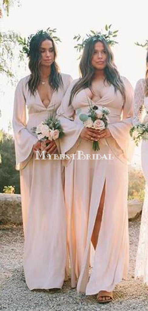 Pink V Neck Long Sleeves Side Slit Chiffon Cheap Bridesmaid Dresses, TYP0008