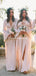 Pink V Neck Long Sleeves Side Slit Chiffon Cheap Bridesmaid Dresses, TYP0008