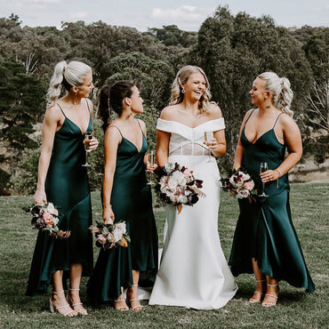 Simple Spaghetti Strap Green Elestic Silk Long Cheap Bridesmaid Dresses, BDS0125