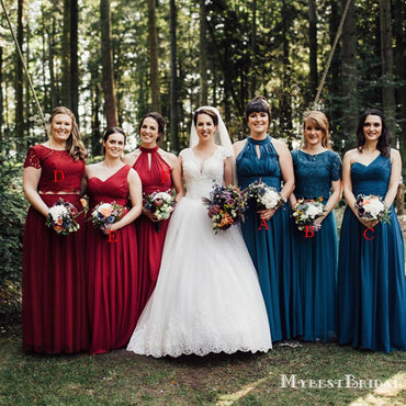 Mismatched Red & Blue Chiffon A-line Long Cheap Bridesmaid Dresses, BDS0085
