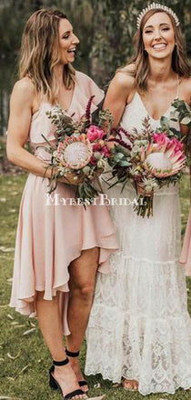 Pink V Neck Backless A Line Chiffon High Low Bridesmaid Dresses, TYP0007