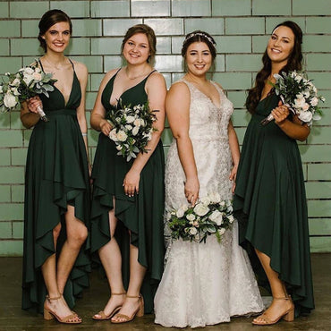 Spaghetti Strap V-neck Dark Green High Low A-line Cheap Bridesmaid Dresses, BDS0115