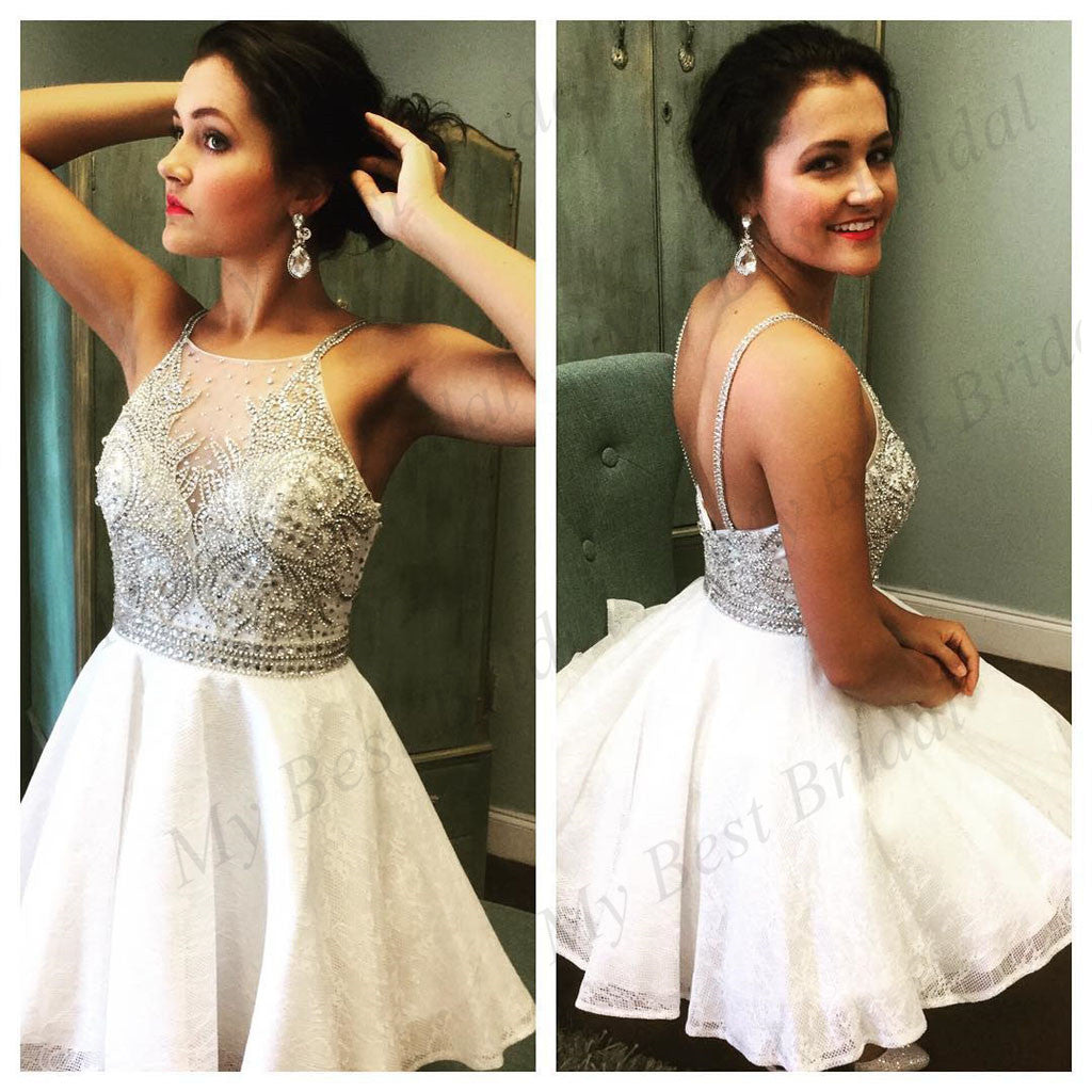 Stunning White A-line Lace Homecoming Dresses With Beading ,Short Prom Dresses,BDY0165