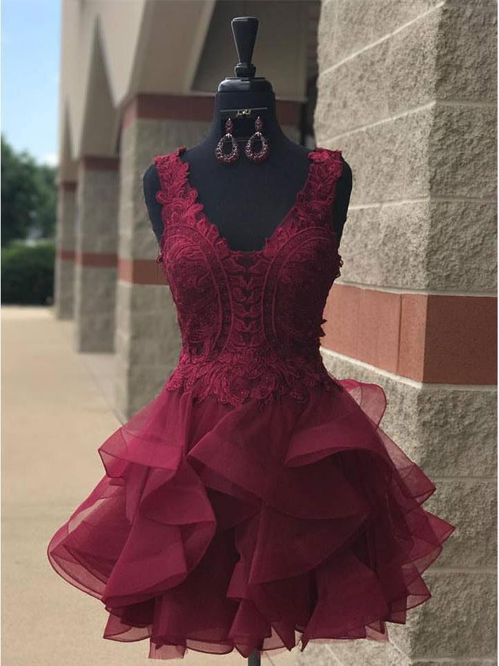 Lace V Neck Cheap Burgundy Homecoming Dresses 2018, BDY0190