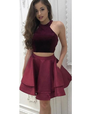 Sexy Two Pieces Simple Cheap Halter Dark Red Short Homecoming Dresses Online, BDY0333