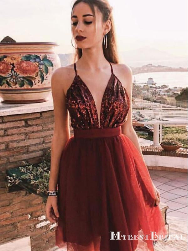 Sexy Burgundy Spaghetti Strap Top Sequin Short Tulle Homecoming Dresses, TYP0042
