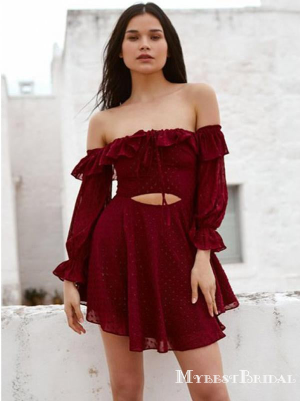 Unique Off-the-Shoulder Burgundy Lace Homecoming Dresses with Sleeves, TYP0021