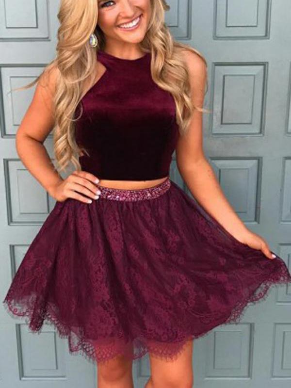 Halter Two Piece Red Lace Cheap Homecoming Dresses 2018, BDY0211