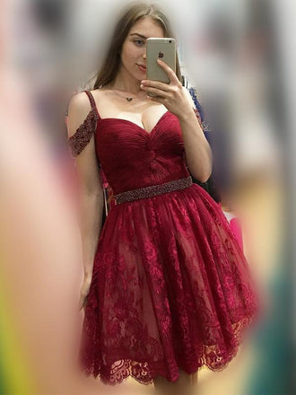 Off Shoulder Cute Short Lace Dark Red Homecoming Dresses 2018, BDY0251