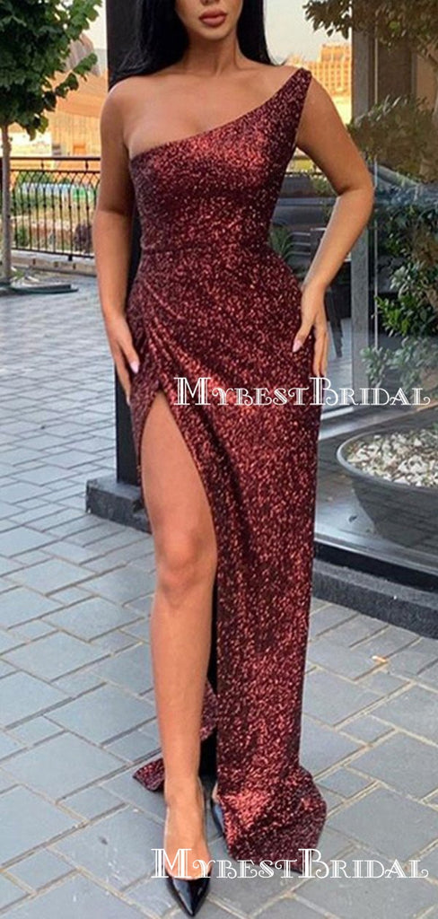 New Arrival Sparkly Burgundy Sequin One Shoulder Sleeveless Side Slit Long Cheap Prom Dresses, TYP0114