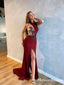 Sexy Charming High Neck One Shoulder Sleeveless Burgundy Appliqued Long Cheap Prom Dresses, TYP0090