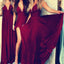 V Neck Side Slit Burgundy Chiffon Cheap Long Bridesmaid Dresses Online, WGY0318