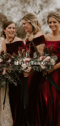 Off-The-Shoulder Burgundy Velvet Mermaid Long Cheap Bridesmaid Dresses, BDS0096