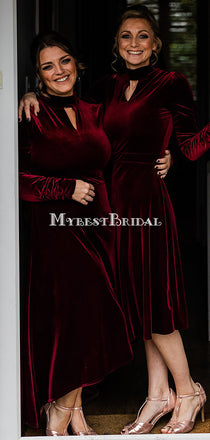 Newest High Neck Long Sleeves Burgundy Velvet Cheap Bridesmaid Dresses, BDS0121