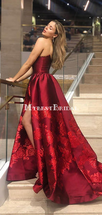 Elegant Strapless Burgundy Printed Flower Satin Long Cheap Prom Dresses, PDS0087
