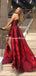 Elegant Strapless Burgundy Printed Flower Satin Long Cheap Prom Dresses, PDS0087