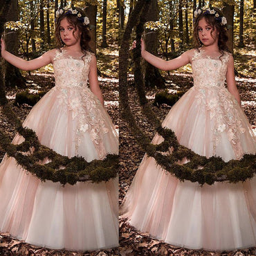 Glamorous Tulle Scoop Floor-length Lace Appliques Older Flower Girl Dresses With Flowers & Beadings,FGY0161