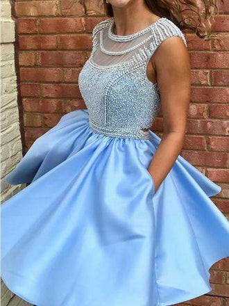 Open Back Blue Cap Sleeve Soop Short Cheap Homecoming Dresses Online, BDY0280