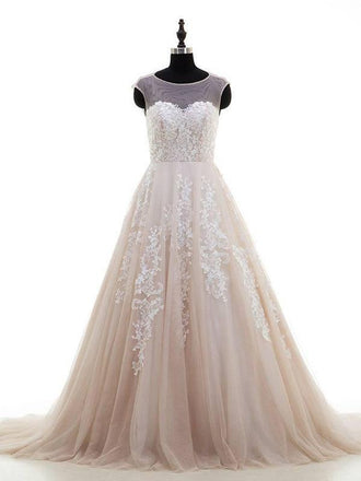 Sexy Open Back Illusion Lace Tulle A-line Wedding Dresses Online, WDY0237