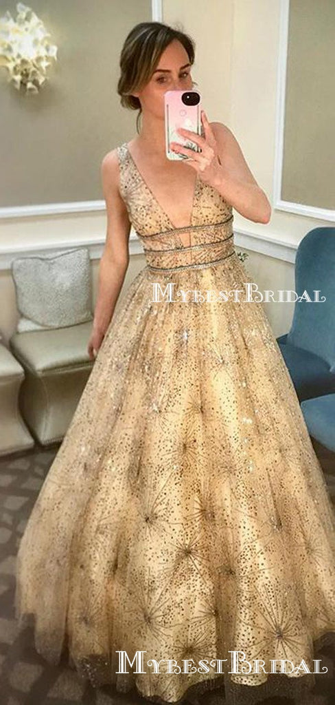 Gorgeous Sexy Deep V-neck Sparkly Champagne Sequin A-line Long Cheap Formal Prom Dresses, PDS0024