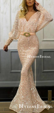 Long Sleeves V-neck Sexy Backless Champagne Sequin Long Cheap Formal Evening Prom Dresses, TYP0125