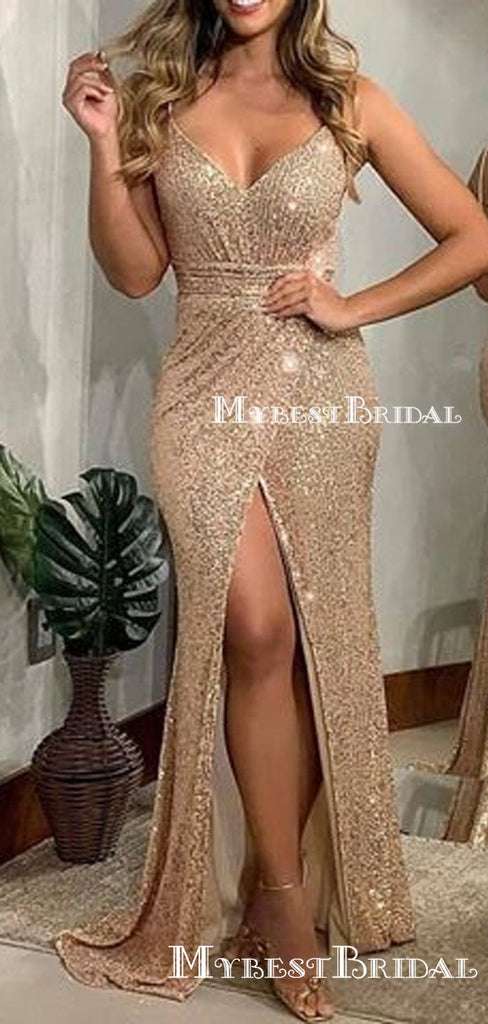 Charming Mermaid Spaghetti Straps Sparkly Gold Sequins Side Slit Long Cheap Evening Prom Dresses, PDS0027