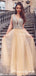 Elegant Charming V-neck Chamapagne Organza Top Beads A-line Long Cheap Formal Prom Dresses, PDS0036