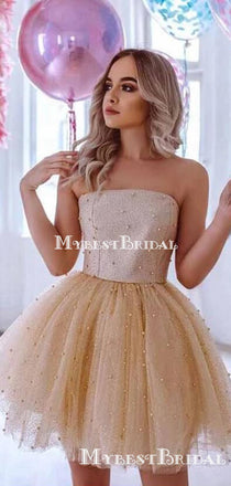 Popular Strapless Champagne Tulle Beaded A-line Short Cheap Homecoming Dresses, HDS0013