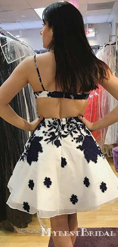 A-Line Spaghetti Straps Short Homecoming Dresses With Navy Appliques, TYP0053