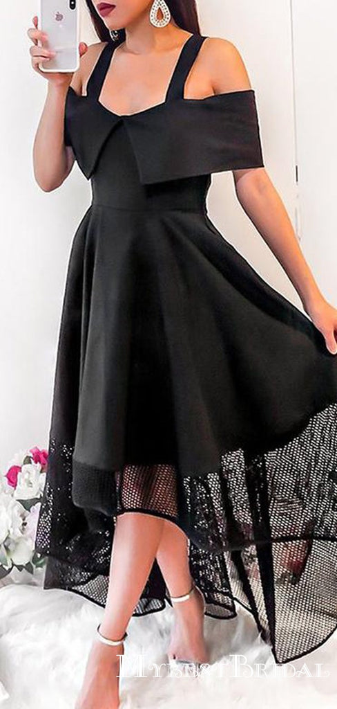 Straps Black Satin Asymmetrical Homecoming Dresses With Pockets, TYP0054