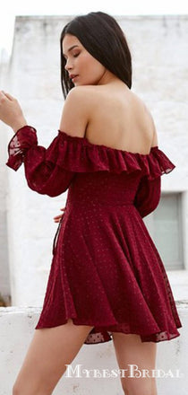 Unique Off-the-Shoulder Burgundy Lace Homecoming Dresses with Sleeves, TYP0021