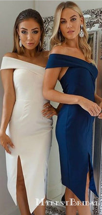 Sheath One-Shoulder White Satin  Party Homecoming Dresses with Split, TYP0022