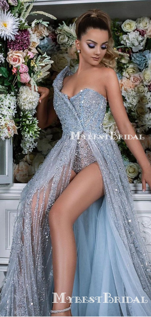 Newest Charming Sparkly One-Shoulder Sleeveless Beaded Side Slit Long Cheap Prom Dresses, PDS0019