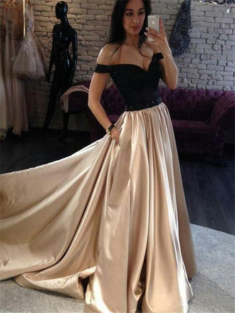 Off Shoulder A-line Prom Dresses, Satin Prom Dresses, Long Prom Dresses, Cheap Prom Dresses, BG0434