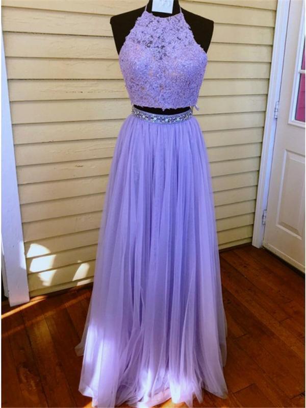 2 Pieces Lace Tulle Prom Dresses, Beaded Prom Dresses, Lilac Prom Dresses, Prom Dresses, BG0392