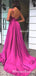 Simple V-neck Spaghetti Strap Hot Pink Satin A-line Long Cheap Prom Dresses, PDS0073
