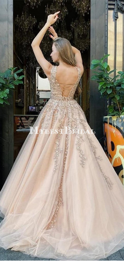Cap Sleeves Lace Applique A-line Evening Prom Dresses, Evening Party Prom Dresses, PDS0076
