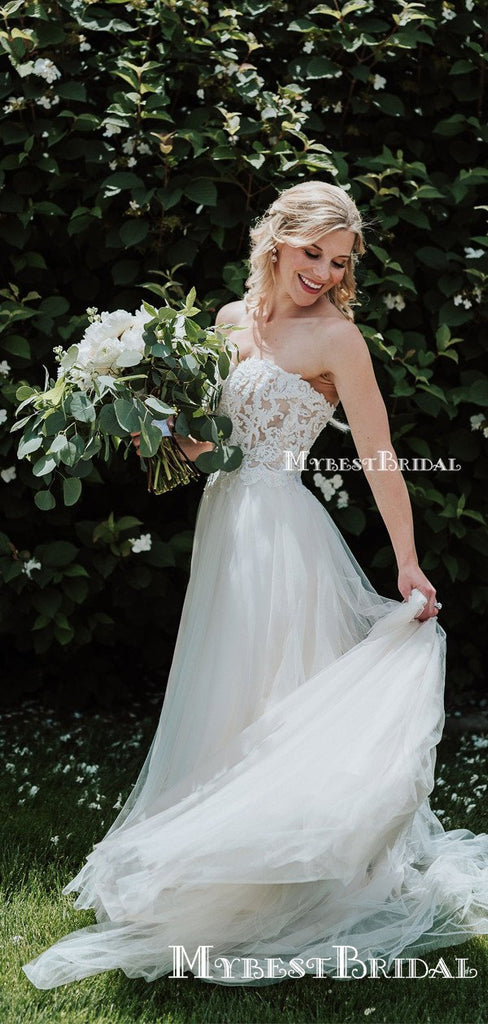 Sweetheart Charming Off-White Tulle A-line Long Cheap Wedding Dresses, WDS0005